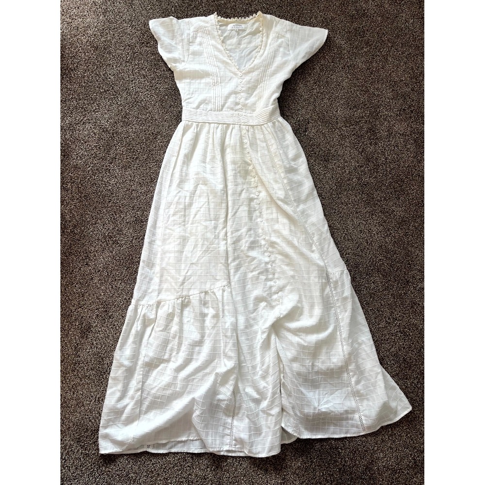 Arbor Maxi Dress Womens XS White Button Front Crochet Trim V Neck Cottagecore